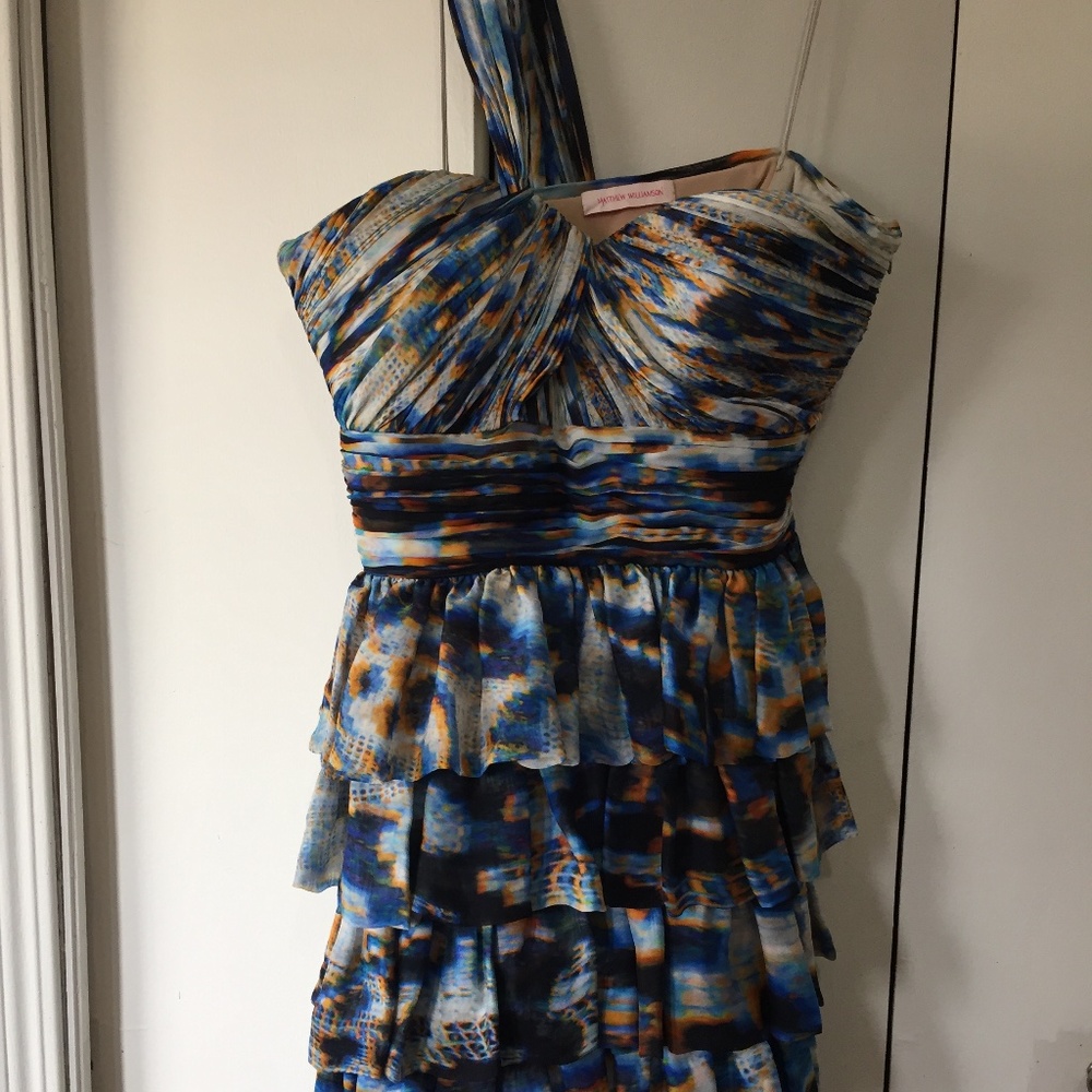 Gorgeous Matthew Williamson, auth. 100% silk dress, EUC, blue multicolour; US 2